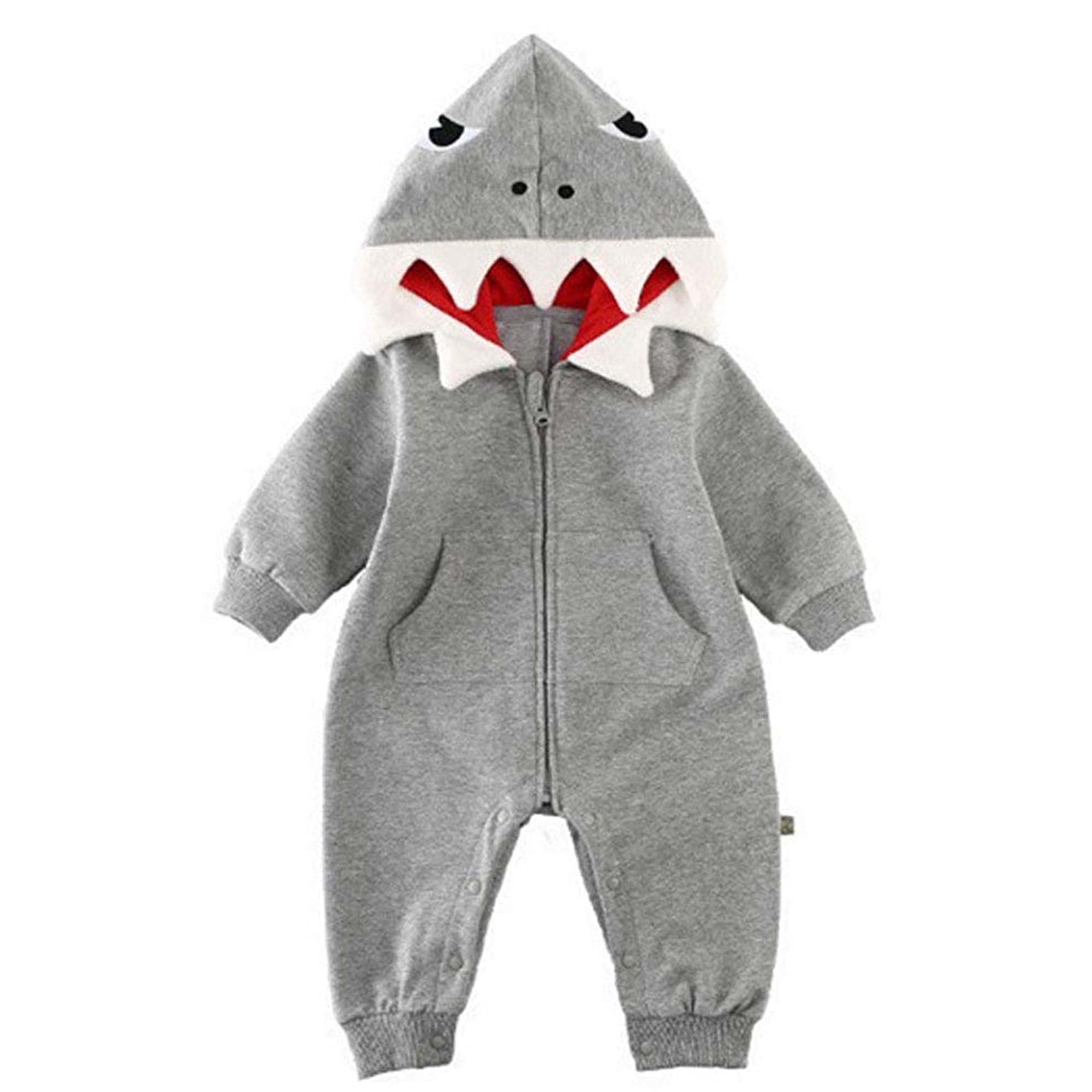 Inevnen Newborn Infant Kids Boys Girls Shark Jumpsuit Long Sleeve Zipper Hooded Romper