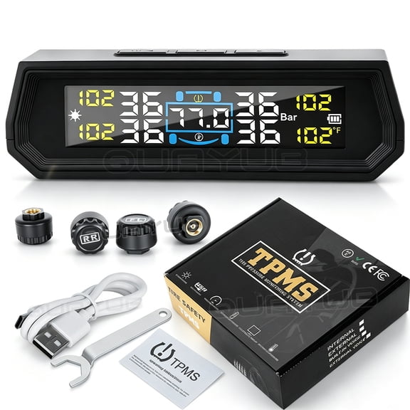 Quayub For Car, SUV, and Truck TPMS Wireless Tire Pressure Monitor Kit with Solar Power, LCD Display, 6 Safety Alerts, and 4 External Sensors