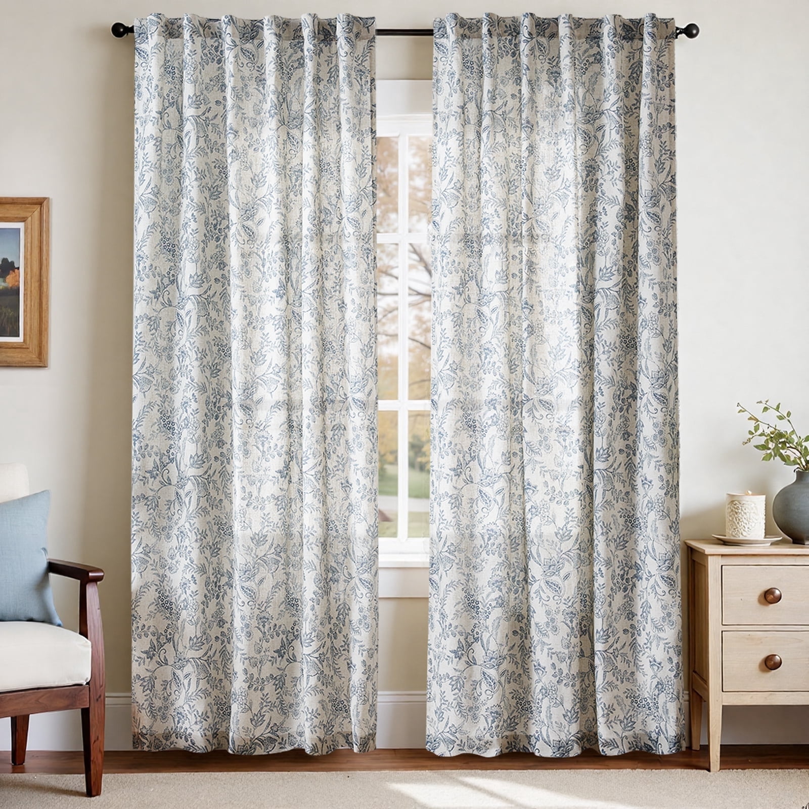 Curtainking Rustic Look Farmhouse Blue Floral Print Home Back Tab Light Filtering Curtains, 50" x 84" (2 Panels)