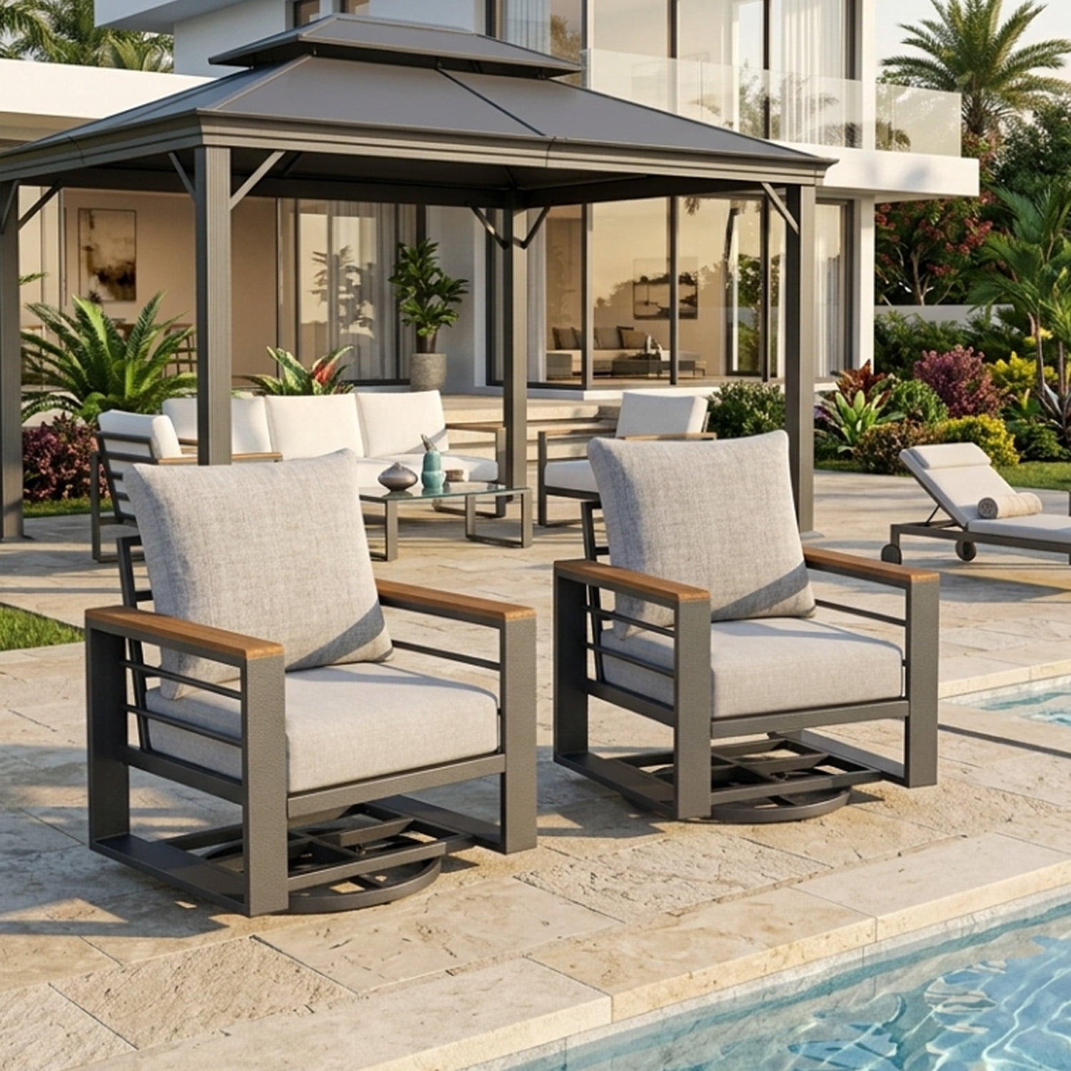 BaPiPro 2PCS Outdoor Swivel Patio Chairs, All Aluminum Frame with Wood-Look Armrest, 24 Inch Extra Wide Seat Fade Resistant Cushioned Single Sofa Chairs for Backyard Pool, Light Gray