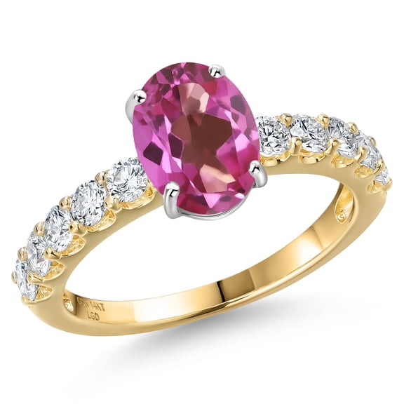 Gem Stone King 14K Two Tone Gold Pink Mystic Topaz and Lab Grown Diamond Engagement Ring for Women | 2.85 Cttw | Oval 9X7MM | Gemstone November Birthstone | Size 6
