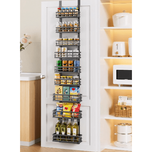 Delamu Kitchen Over the Doors Organizer, Adjustable 9-Tier Pantry Door Organizers and Storage, Hanging Spice Rack Shelves, Laundry Room Organization, 74in, Black