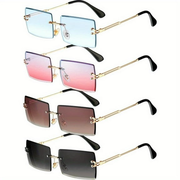 4 Pack Square Rimless Sunglasses Fashion Frameless Glasses Eyewear Rectangle Transparent Y2K Glasses for Women Men