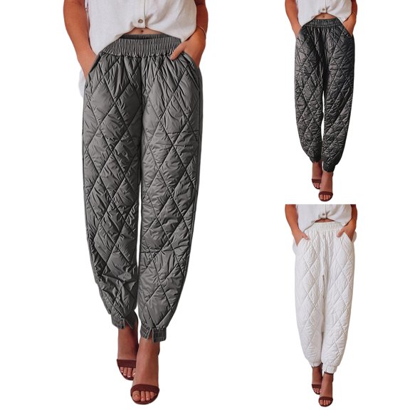 LIaqionyy Women's Winter Pants Elastic Waist Warm Down Padded Outdoor Lightweight Fall Trousers with Pockets