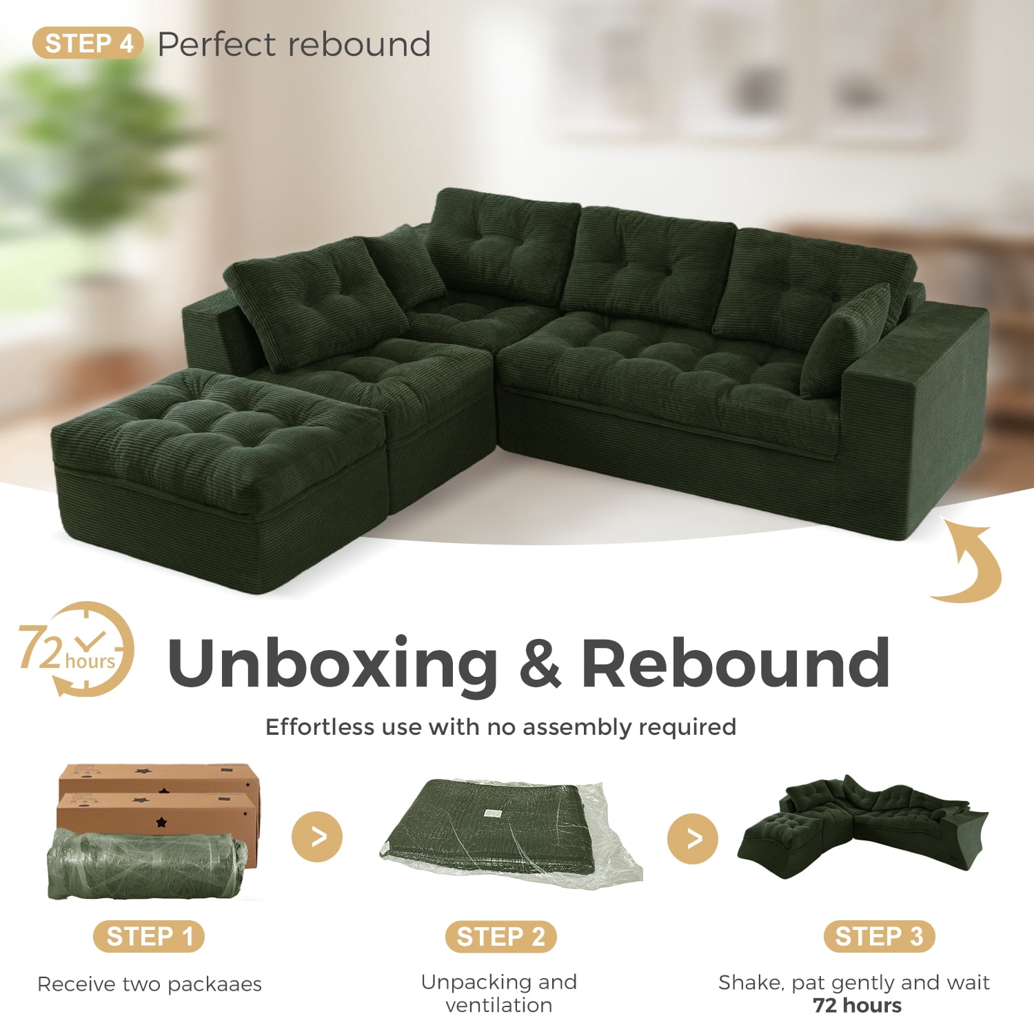 BYBYME 130"Oversized L-Shaped Sectional Sofa Cloud Boneless Modular Couch,Upholstered Sofa with Convertible Left/Right Ottoman for Living Room Bedroom,No Assembly,DGreen