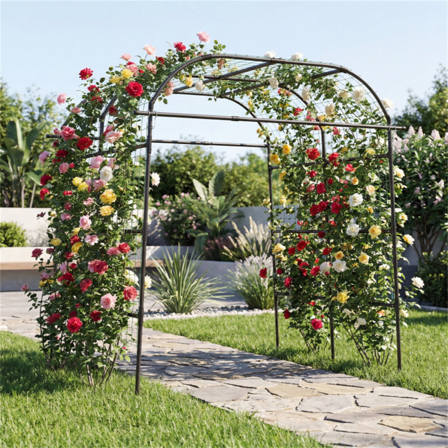 7.5 Ft Adjustable Garden Arch Trellis  PE-Coated Metal Tunnel Trellis for Climbing Plants (Cucumber Grape) Stable Structure with Easy Assembly Black