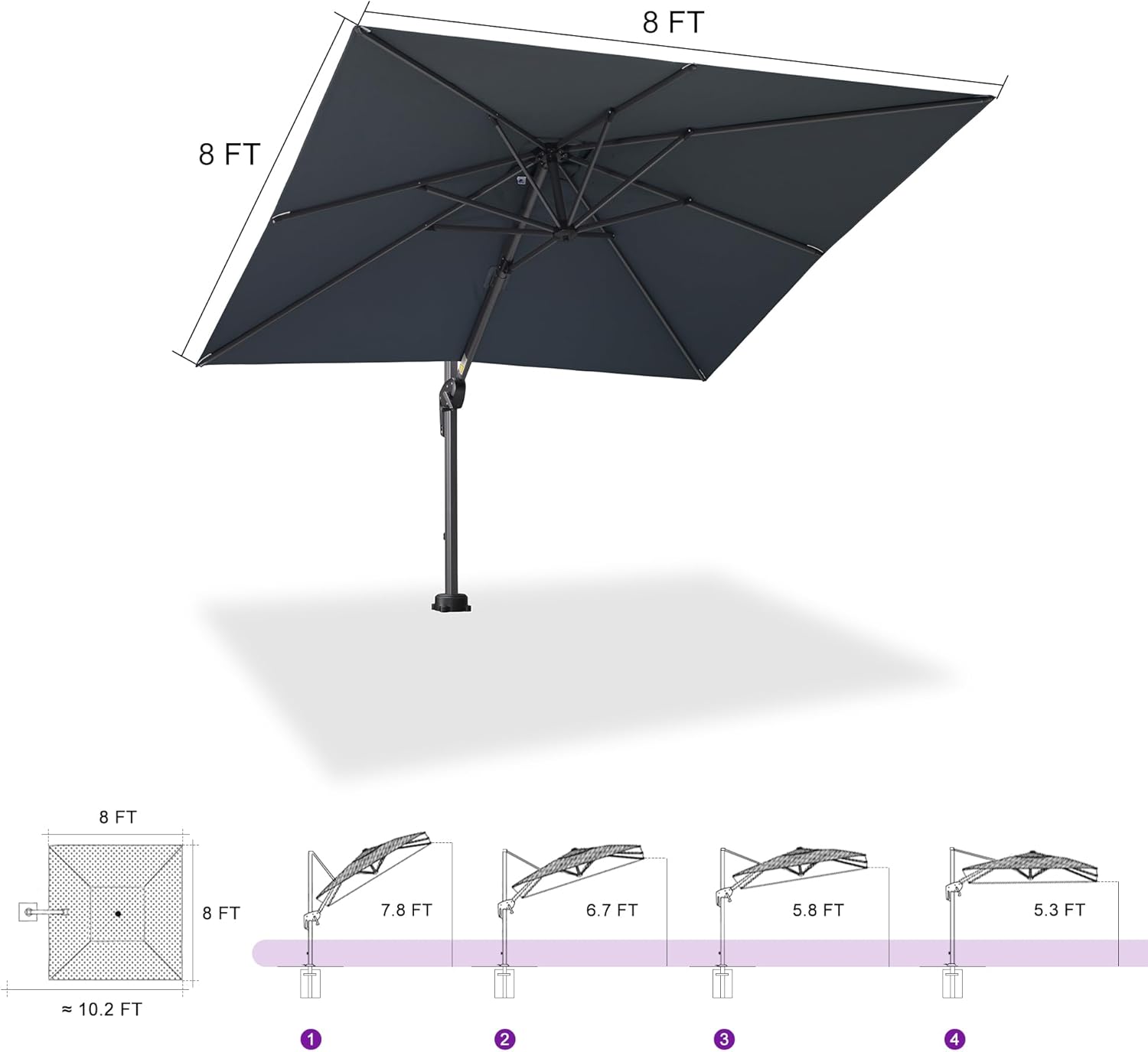 PURPLE LEAF 8' X 8' Patio Umbrella for pool 7' High Offset Cantilever Umbrella for Poolside, 360° Rotation Outdoor Umbrella, Light Grey