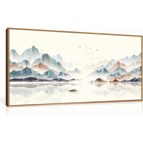 Framed Watercolor Mountain Wall Art Set Neutral Landscape with Boat Wall Decor Nature Wilderness Modern Art Print Rustic Colorful Artwork for Living Room,Bedroom,Office-20x40