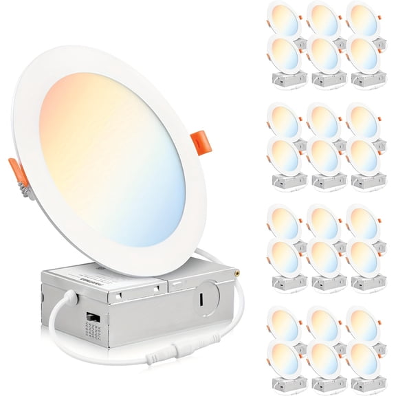 24-Pack 6-inch 5CCT LED Recessed Ceiling Lights with Junction Box | 2700K/3000K/3500K/4000K/5000K Color Temperatures, 1050LM Brightness, Dimmable Slotless Design, 12W-ETL, Metal Fin
