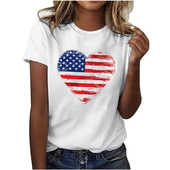 4Th of July Patriotic T-Shirt for Womens Round Neck Tee Short Sleeve Tops Flag Printed T Shirts Pullover Sweater Blouses Slim Fitted Tunics Tops USA Flag Star Independence Day Blouses