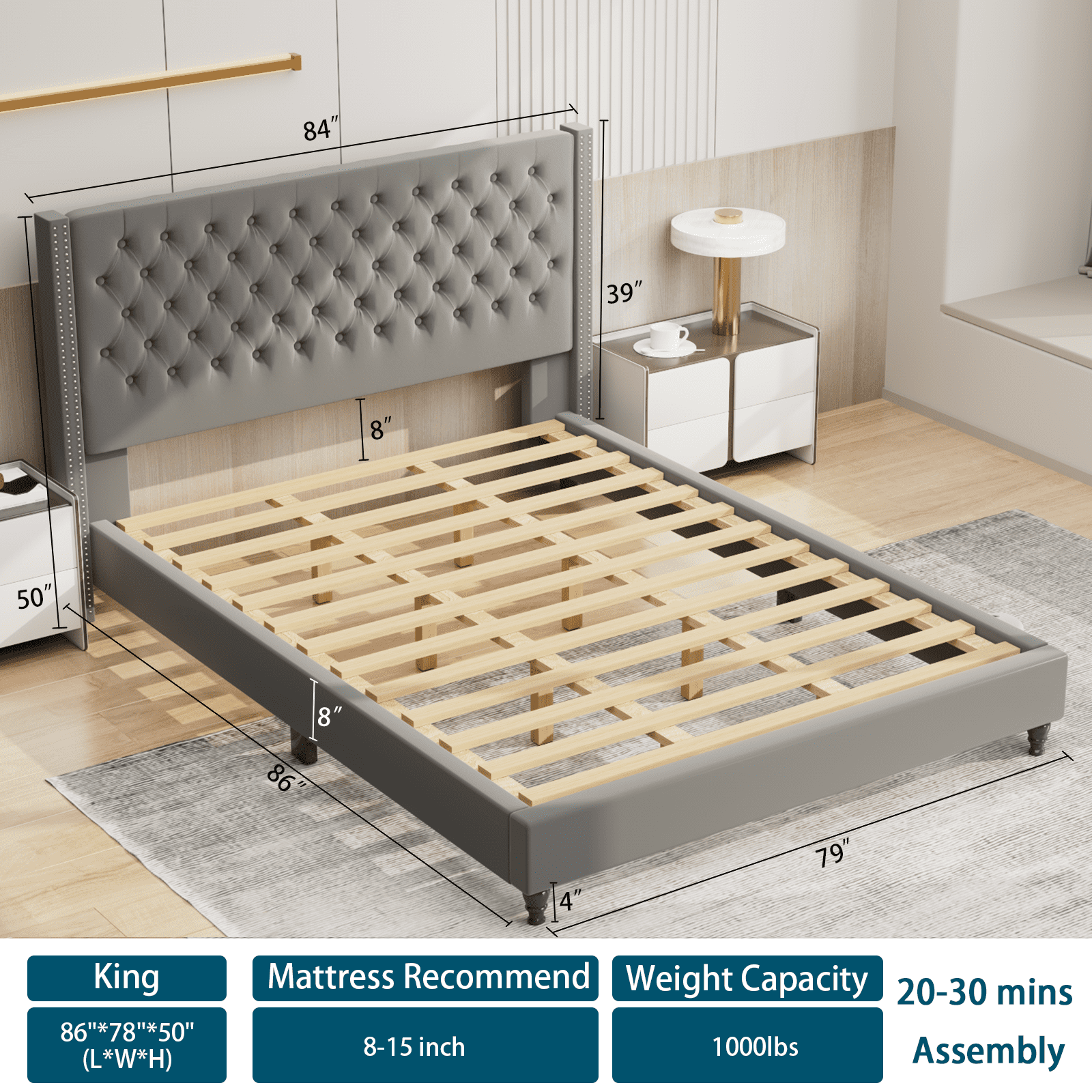 Nathaniel Home King Beds, Upholstered Tufted Bed, Platform Bed Frame with Diamond, Low Profile Platform Beds, Strong Wooden Slats, Adult Size Gray