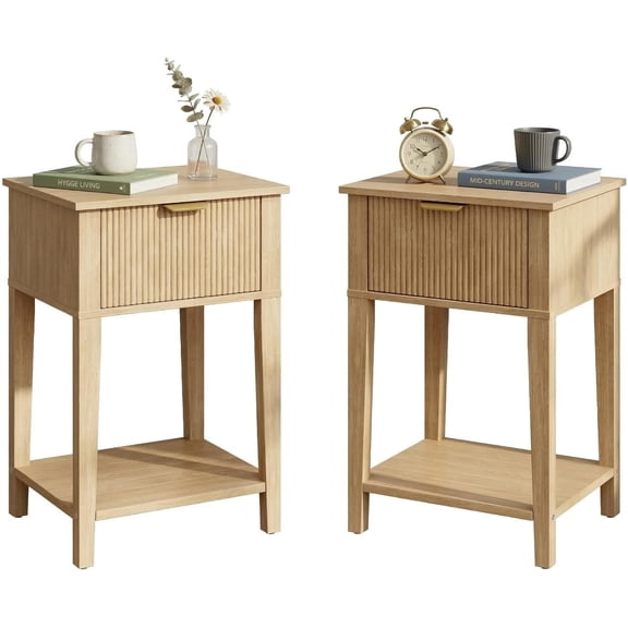 VITALOOM Narrow Nightstands Set of 2 for Small Spaces, 12" Deep x 15.4" Slim Bedside Tables with Drawer & Shelf, Boho Nordic Accent End Tables for Dorm - Oak