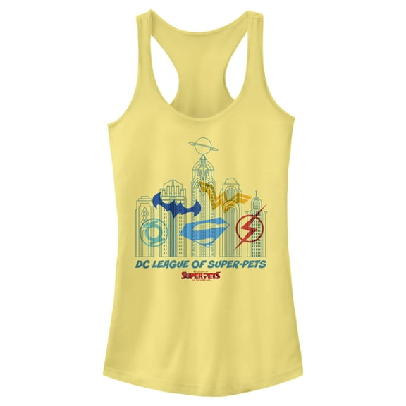 Junior's DC League of Super-Pets Metropolis Skyline Outline  Racerback Tank Top Banana Small