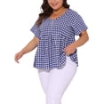 thumbnail image 4 of Blusa de mujer de talla grande Agnes Orinda, con estampado de cuadros, peplum, decoración de botones, cuello en V, manga corta, estilo casual, babydoll, 2X azul, 4 of 6