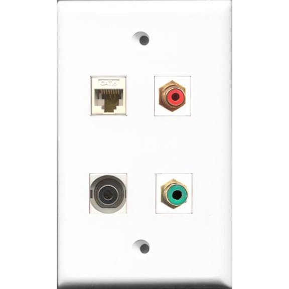 RiteAV 1 Port RCA Red and 1 Port RCA Green and 1 Port 3.5mm and 1 Port Cat6 Ethernet White Wall Plate