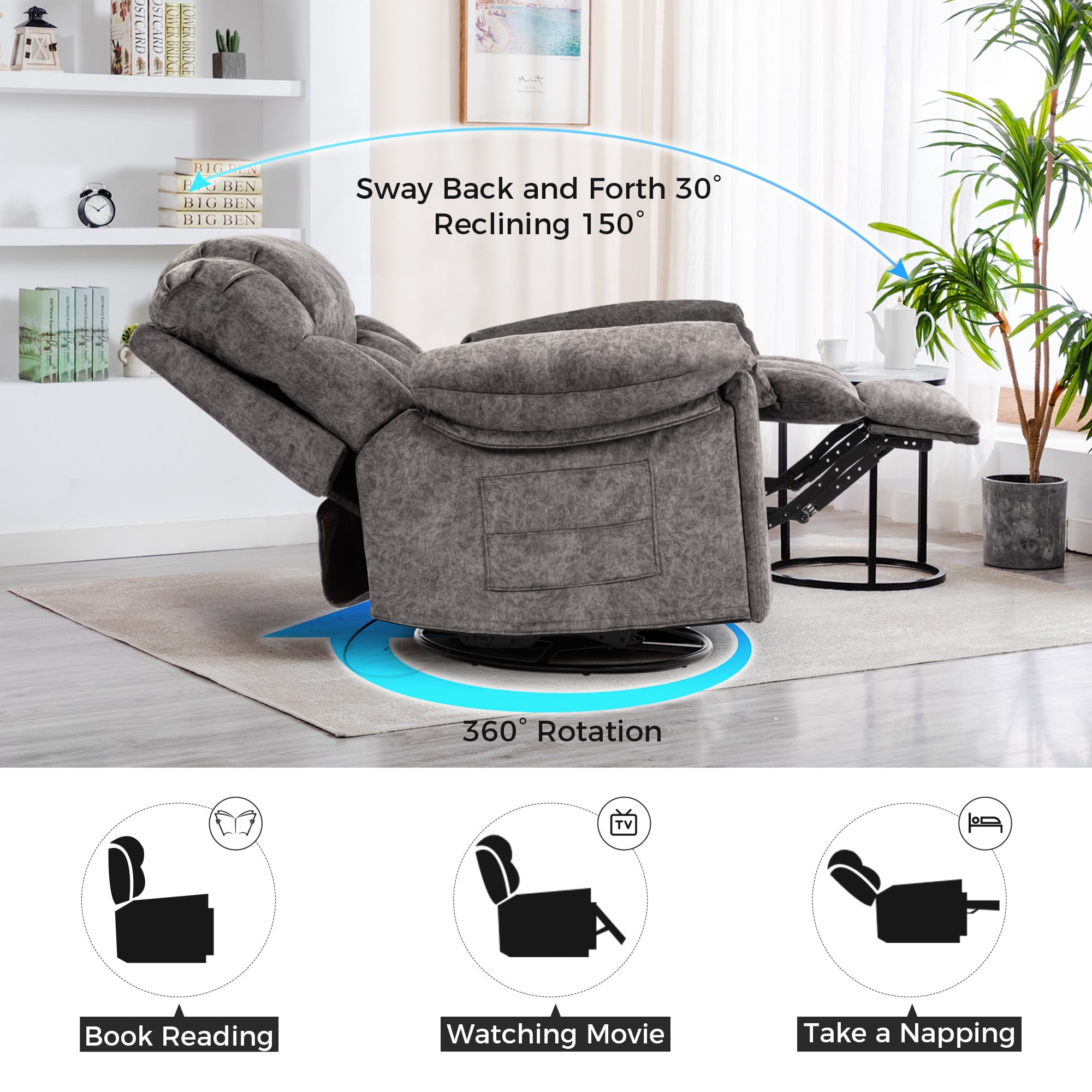Swivel Rocker Recliner, Legahome 360° Glider Rocking Nursery Recliners, Manual Recliner Chair with Massage and Heat, Home Theater Recliner with Cup Holder, 24.4in Wide Seat, Gray