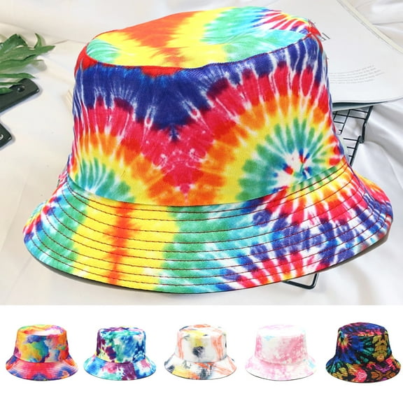 Dress Choice Unisex Summer Trendy Foldable Fisherman Hat Reversible Wide Brim Breathable Rainbow Tie Dye Printed Bucket Hats For Women Men