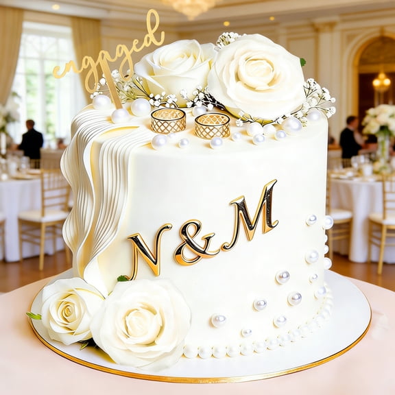Engagement Cake Topper Set - White Roses & Gold Decor for Romantic Wedding Anniversary Party