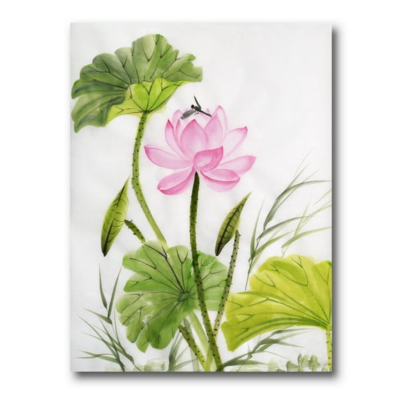 Designart ' Single Vintage Pink Lotus Flower With Green Leaves ' Traditional Canvas Wall Art Print