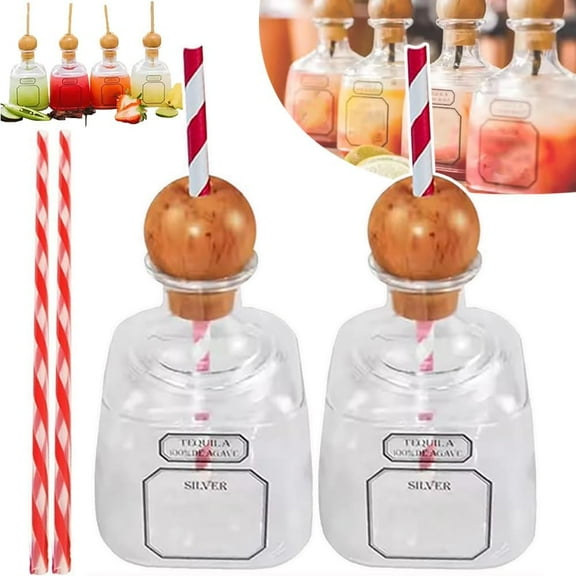 Reusable Cups with Straw,  Bottles Empty for Drinks, Mini Liquor Bottles, 375ml Clear Shot Acrylic Plastic Cup for Juice, Champagne, Wine, Alcohol, Cocktail, Tequila Party Wedding