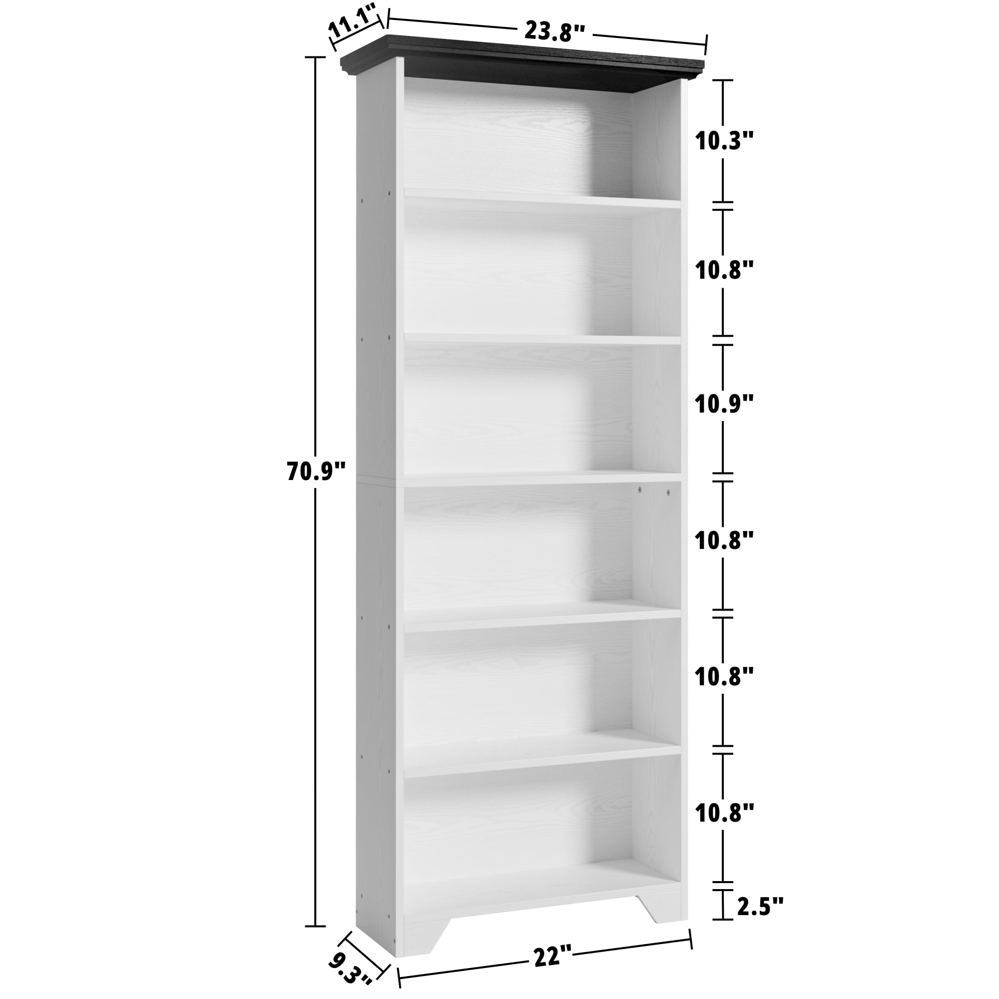 IRONCK 71" Tall 6 Tier Bookcase, Wood Book Shelf for Home Office, Bedroom, Living Room, Shiplap Black/White