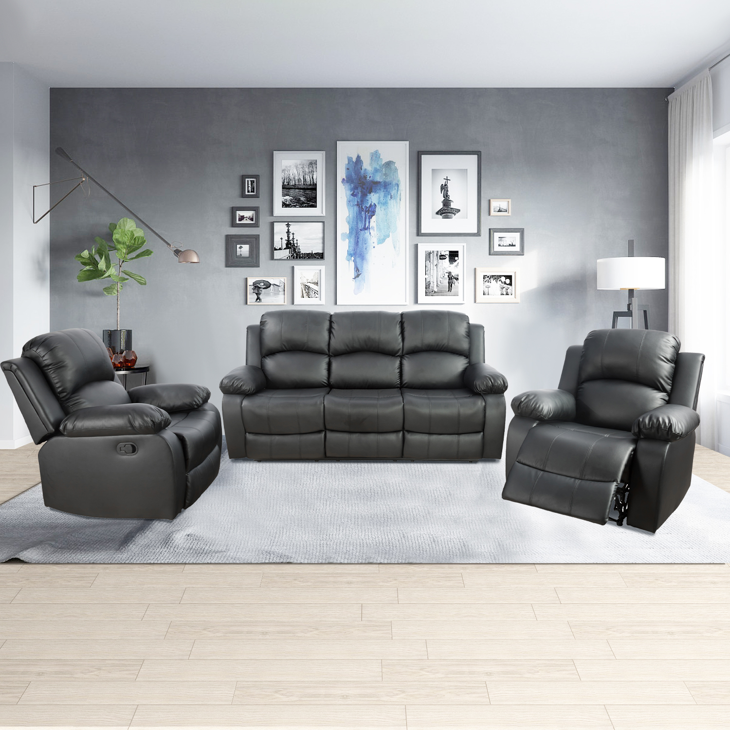Lumary 3 Piece Glam Leather Reclining Living Room Set Black