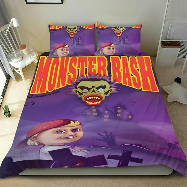 Monster Bash Conjunto de sábanas temático, trío de piezas, cómodo y amigable con la piel, diseño único, regalo de decoración para el hogar para familiares, amigos y fans, 90 cm * 190 cm