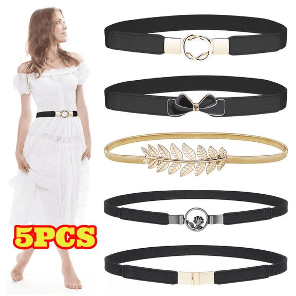 5pcs Skinny Belts for Women, Fashion Dress Stretch Waist Belts, Elastic Waist Band for Dresses