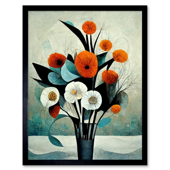 Flowers Floral Display Bouquet Modern Abstract Teal Orange Art Print Framed Poster Wall Decor 12x16 inch