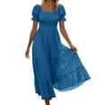 thumbnail image 2 of ClodeEU Women's Square Neck Puff Short Sleeve Smocked High Waist Tiered Ruffle Maxi Dress,Summer Flowy Casual Textured Dress Blue,Women's Plus L, 2 of 7