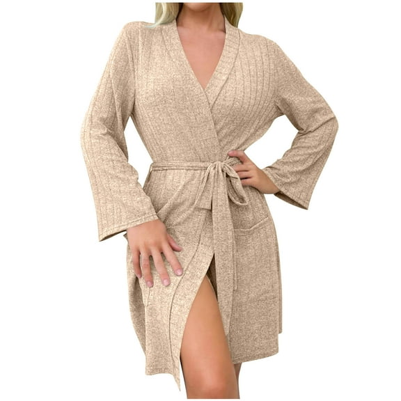 Womens Knit Ribbed Robes Lightweight Knee Length Spa Bathrobe Solid Long Sleeve Kimono Breathable Bath Robes Loungewear with Pockets for All Seasons