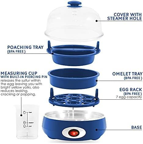EGC007CBL# Rapid Egg Cooker, 7 Easy-To-Peel, Hard, Medium, Soft Boiled Eggs, Poacher, Omelet Maker, Auto Shut-Off, Alarm, 16-Recipe Booklet, BPA-Free, Cobalt