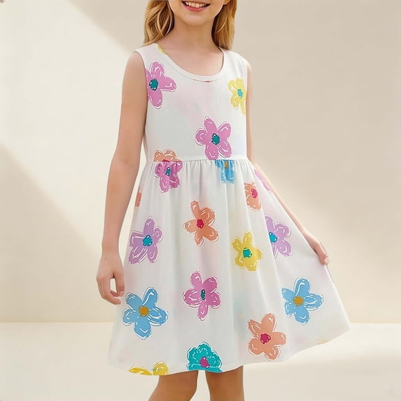 Eltusu Girls Cotton Dresses, Crew Neck Sleeveless Comfort Knee Length Summer Clothes Multicolor Size 6 T