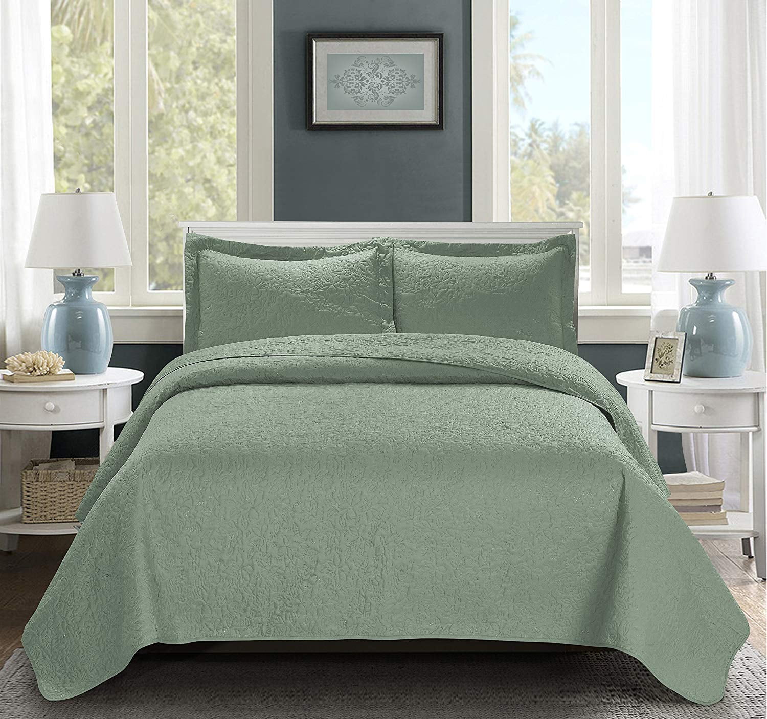 3 Piece Oversize Bedspread Sage Color JULES blossom Ultrasonic