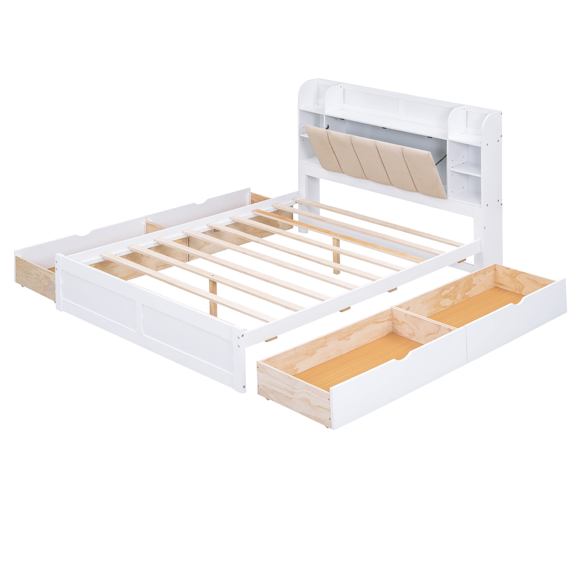 Euroco Wood Queen Platform Bed, Upholstered with Storage Headboard and 4 Drawers for Kids and Adults Bedroom, White