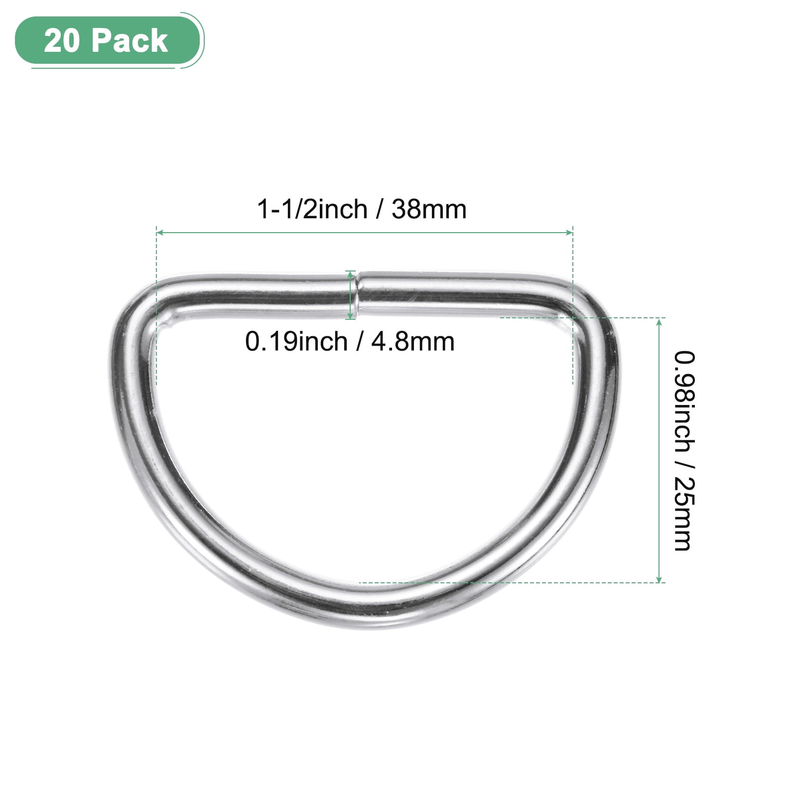 Uxcell 20-Pack D-Rings Buckle, 1-1/2 Inch Iron Non-Welded Dee Rings Metal Buckle for Purse/Aprons/Belts/Pet Collars, Semi-Circular D Ring Hardware [Silvery]