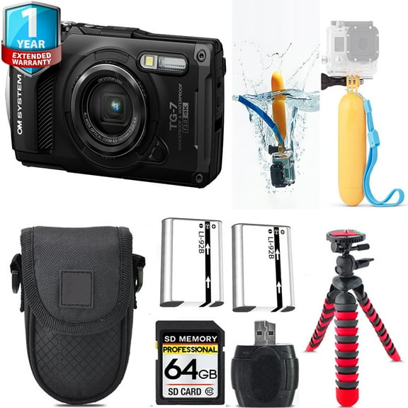 Olympus OM SYSTEM Tough TG-7 Digital Camera (Black)   Floating Hand Grip    Extra Battery  Tripod   1 Yr Warranty -64GB Kit (International Version)