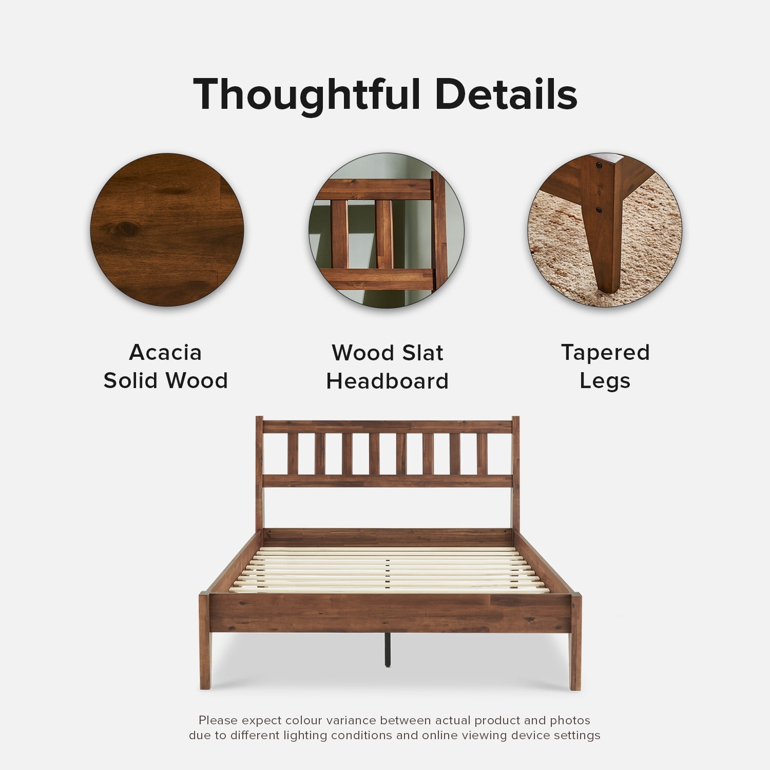 Mopio Ted Full Bed Frame with Headboard, Full Size Bed Frame, Mid Century Modern Acacia Solid Wood Platform Bed Frame, Wooden Bed Slats, No Box Spring Needed, Single Metal Bar Support, Walnut