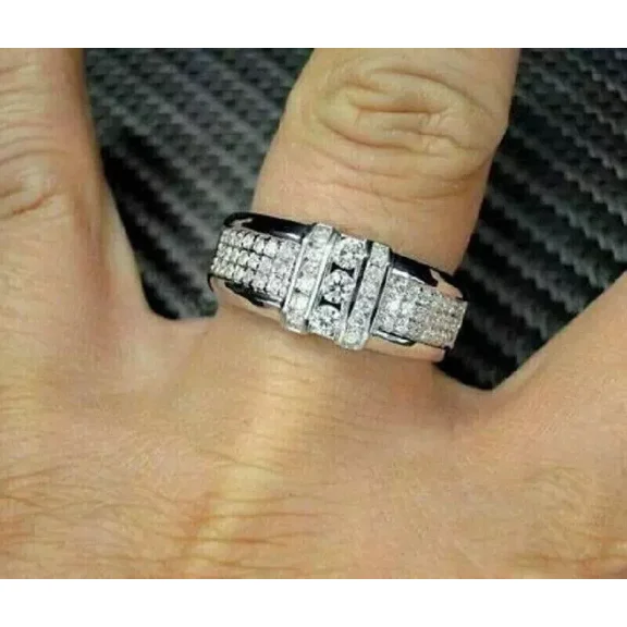 Wedding Band Ring Men's White Moissanite 2.50 Ct Round Cut 14K White Gold Plated