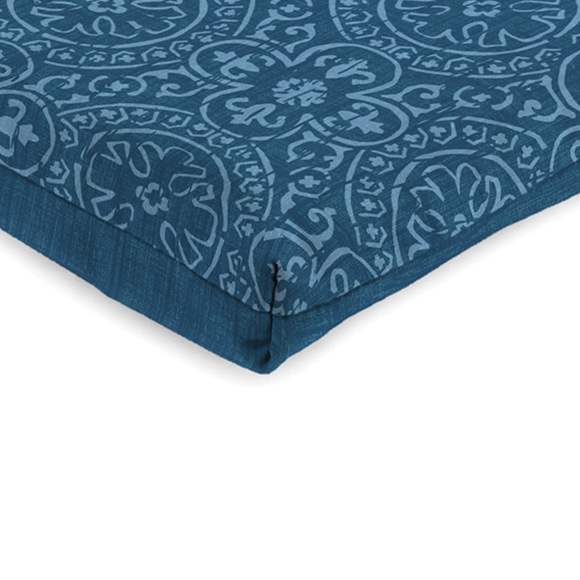 Jordan Manufacturing 44" x 21" Oberring Tuscan Blue Medallion and Quasi Tuscan Blue SolidReversible Rectangular Outdoor Chair Cushion with Ties and Hanger Loop