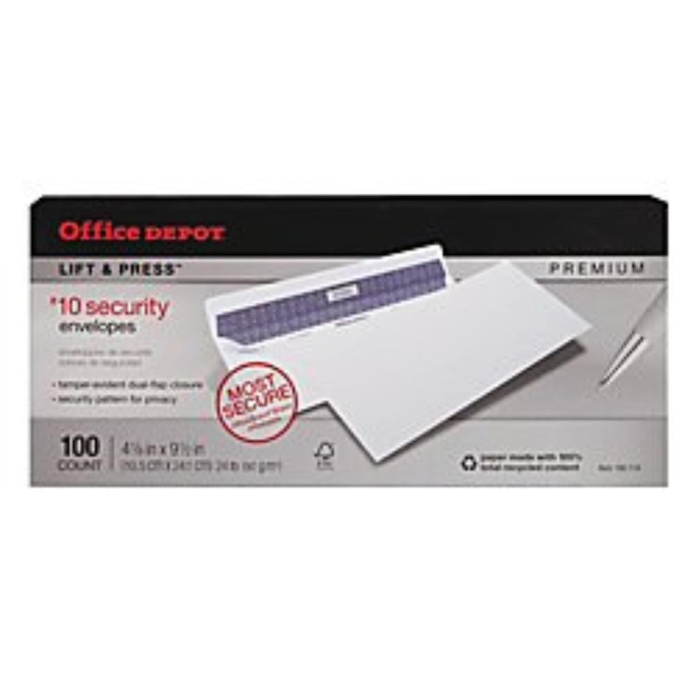 Premium Envelopes White 4 1//8in. x 9 1//2in. 10 100/% Recycled 76100 TM Pack of 100 Office Depot Lift Press