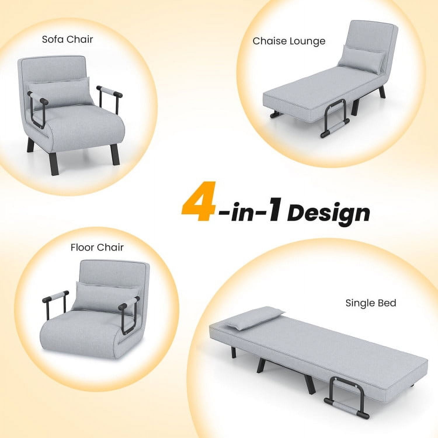 Folding Chair Bed, Folding 6 Position Convertible Sleeper Bed Armchair Lounge Couch with Pillow, Cozy Futon Chair for Small Spaces, Office, Light Gray