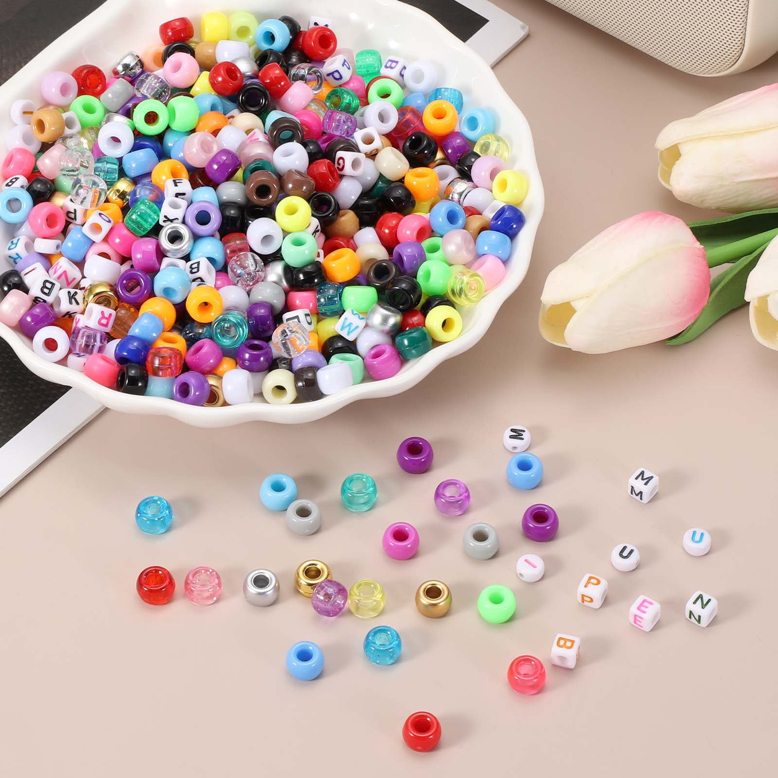 Uxcell 1000 Pcs Pony Beads 6 x 9 mm Acrylic Friendship Bracelet Making Kit with Letter Bead, Dark Multicolor