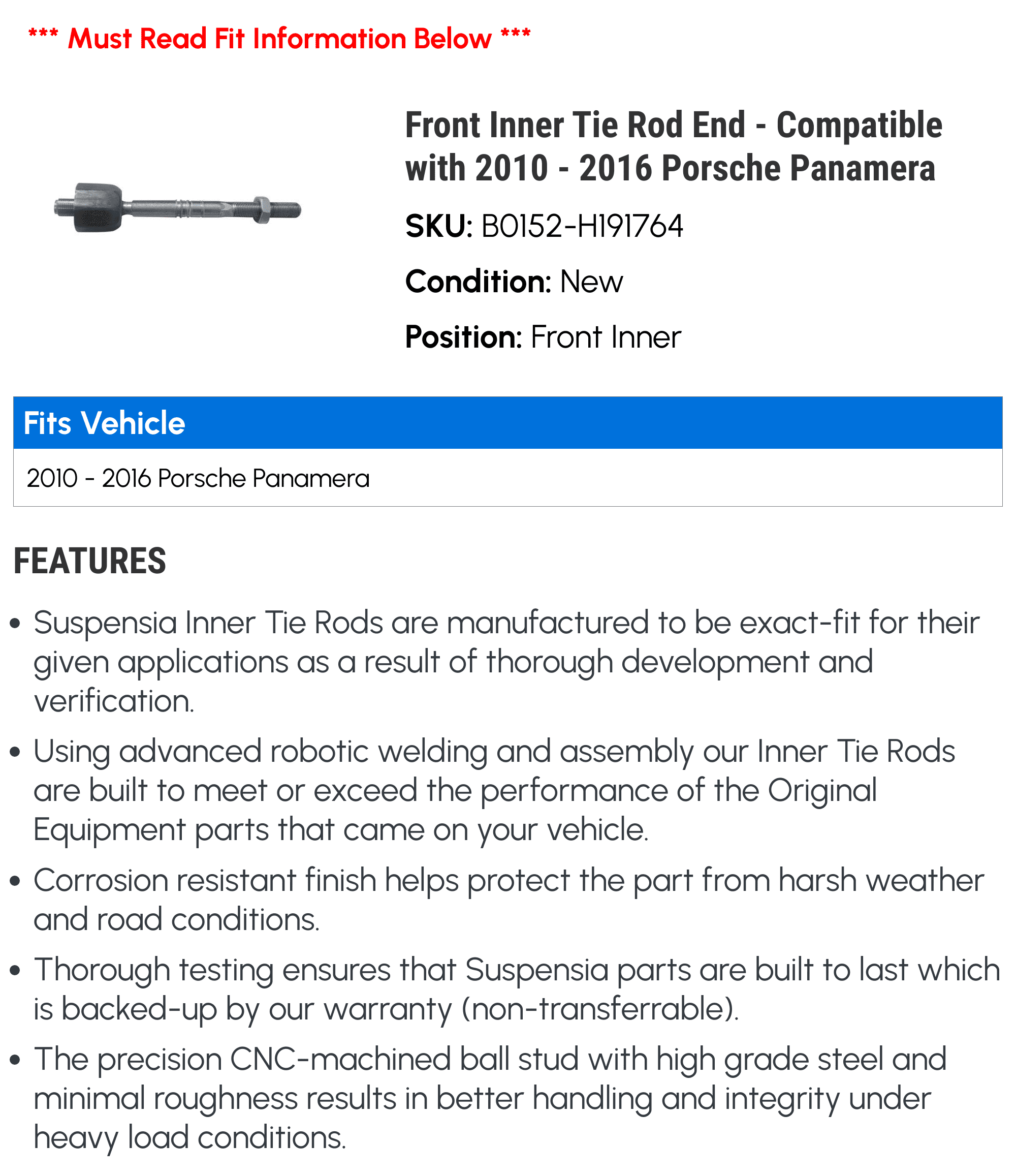 Front Inner Tie Rod End - Compatible with 2010 - 2016 Porsche Panamera 2011 2012 2013 2014 2015