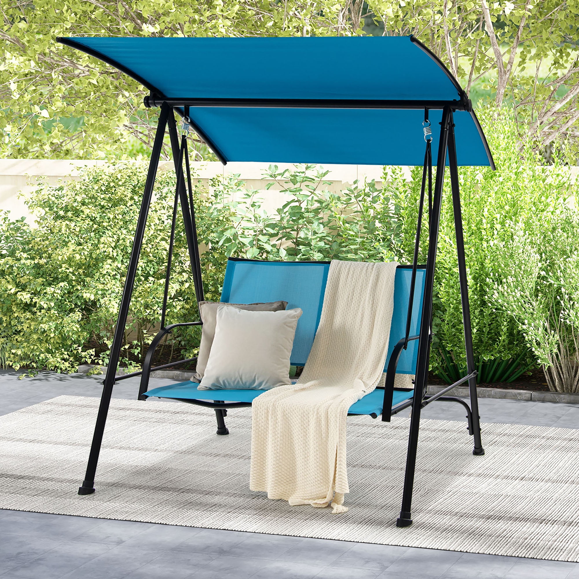 Gymax 2 Person Patio Swing Seat Swing Bench Canopy Swing Loveseat Outdoor Navy