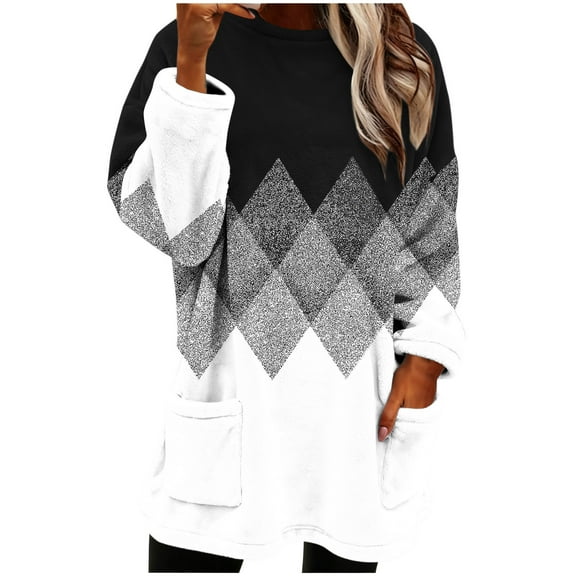 Women‘s Winter Warm Round Neck Side Pocket Printing Long Sleeved Thick Hood Top Outfits Basic Fall Clothes Winter Clothing