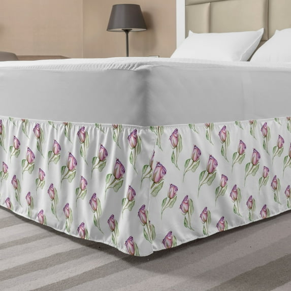 Romantic Bed Skirt, Continuous Delicate Pattern with Watercolor Style Pink and Purple Tones Roses, Elastic Bedskirt Dust Ruffle Wrap Around for Bedding Decor, 4 Sizes, Multicolor, by Ambesonne
