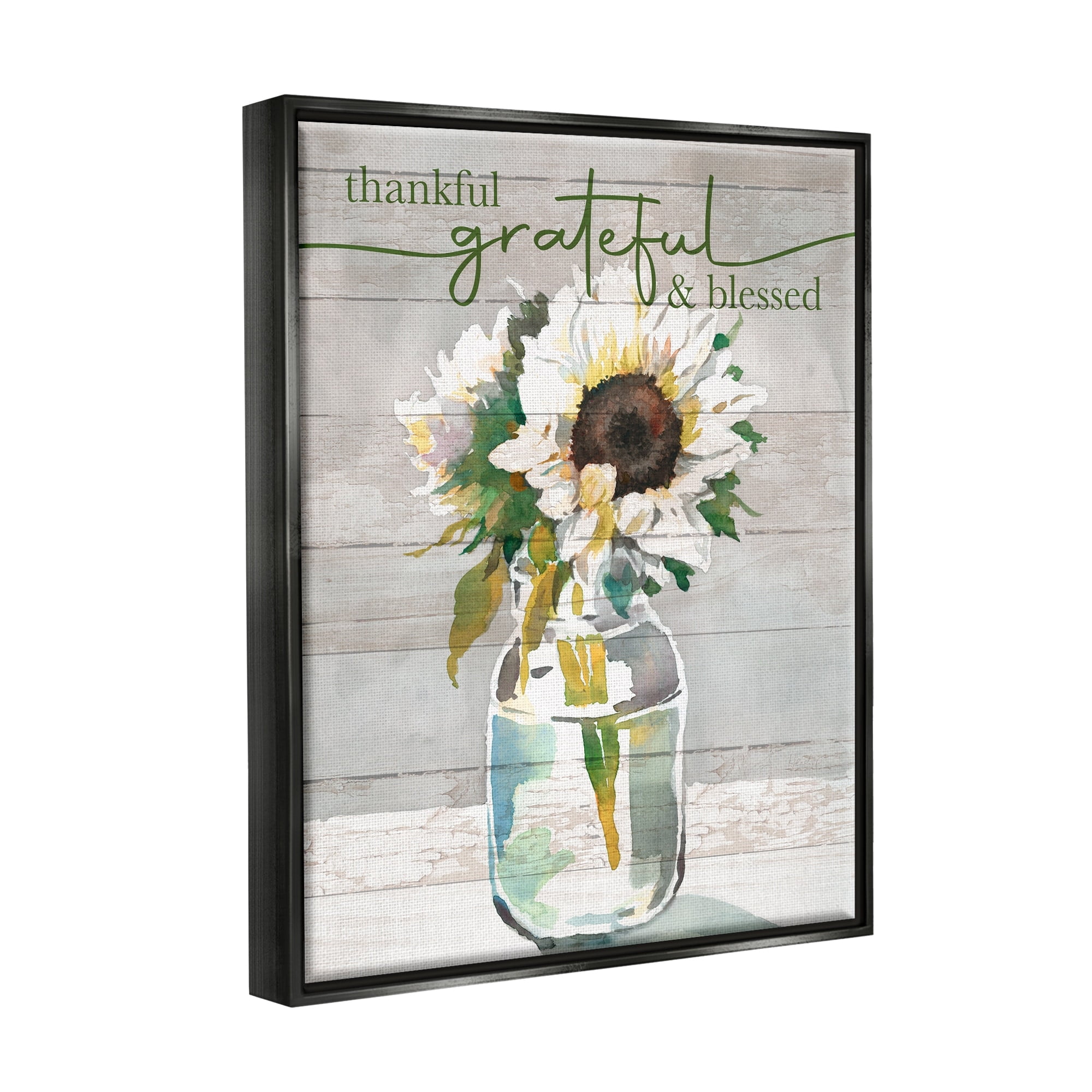 Stupell Industries Grateful & Blessed Layered Sunflower Country Planked Pattern Graphic Art Jet Black Floating Framed Canvas Print Wall Art, Design by Theresa Heidel