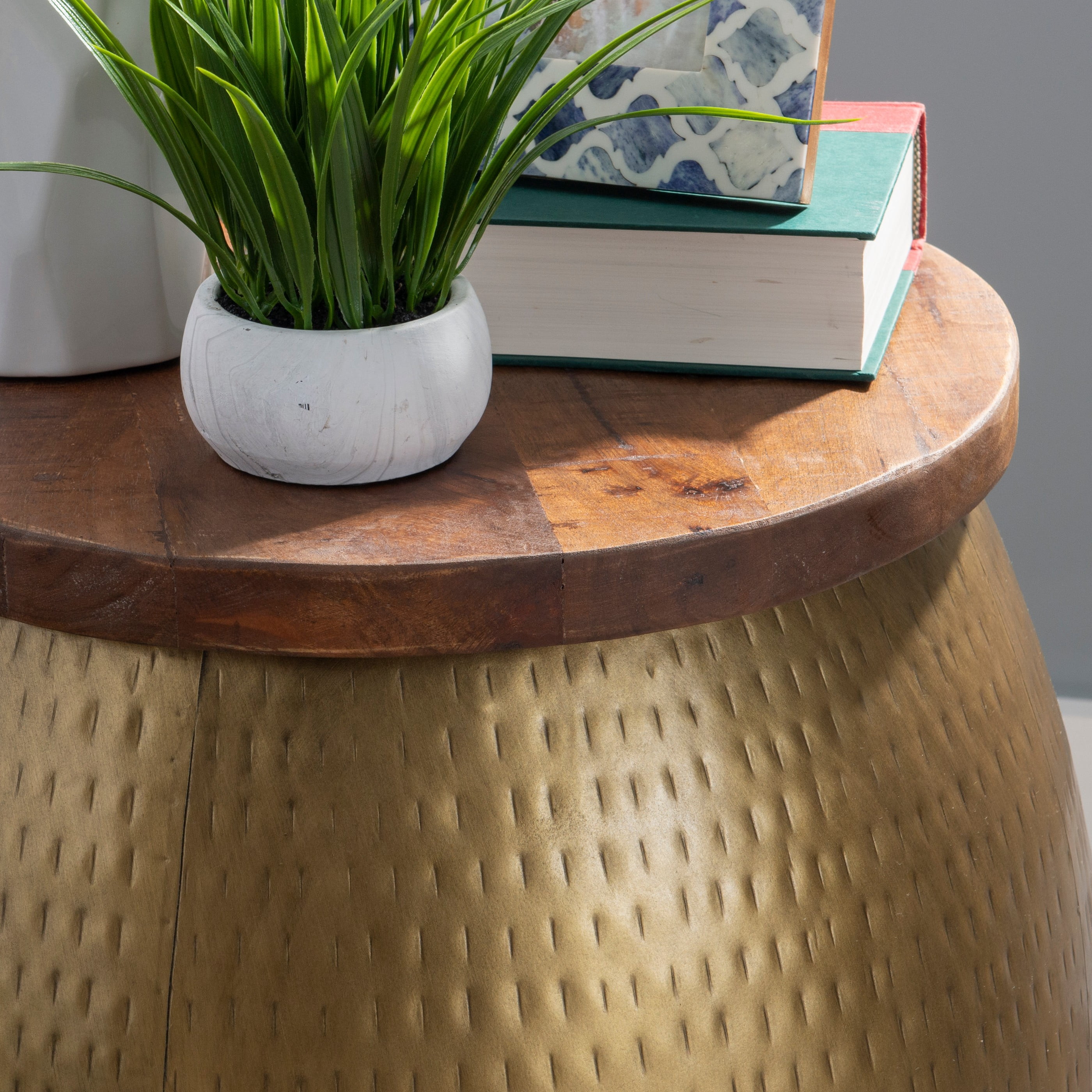 Powell Wesmar Metal Indoor Gold Drum Accent Table with Storage, 20.5" Tall, Brass