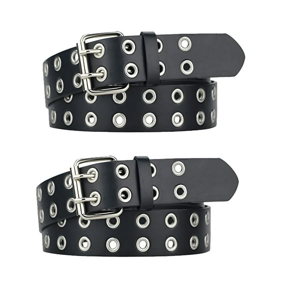 TELOLY 43In Double Grommet Belt,2Pack Pu Leather Punk Belt for Women Men (Brown,Black)